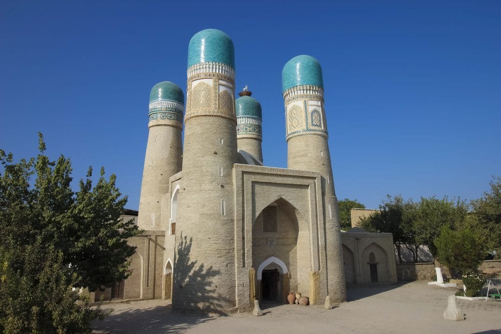 The Chor Minor Madrasa in Bukhara, Uzbekistan