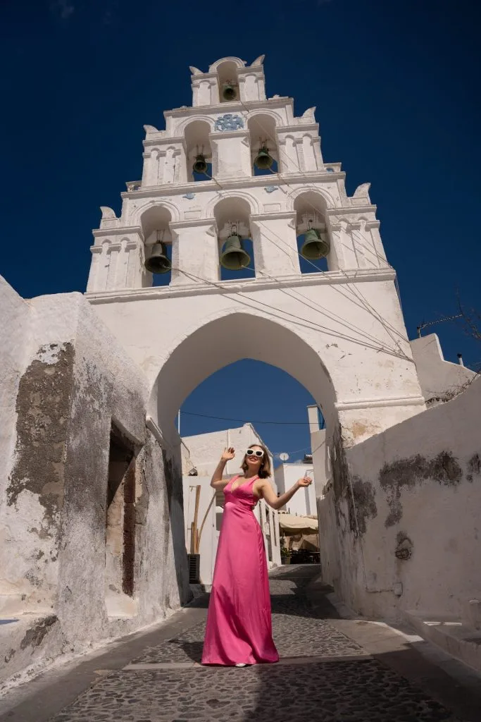 Santorini villages Megalochori things to do bell tower