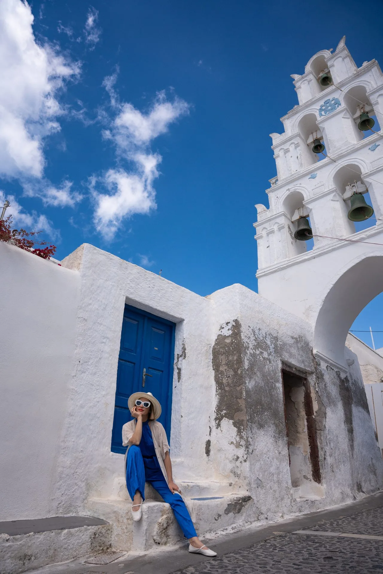 instagrammable santorini Megalochori's main square bell tower